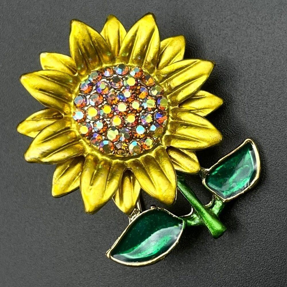 Yellow Gold with AB Crystal and Enamel Single Stemmed Sunflower Pin Back Brooch